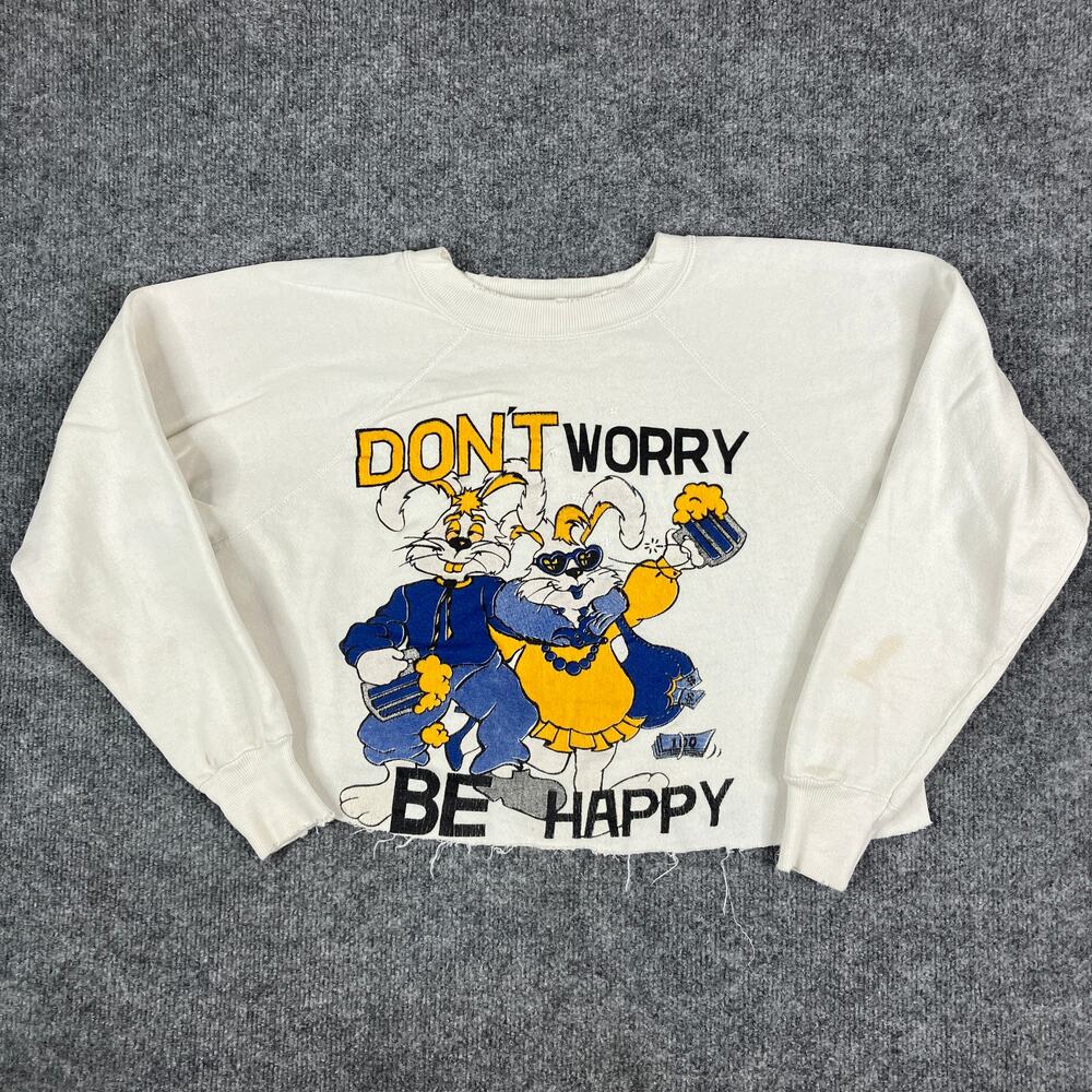 Pannill Sweatshirt Womens Size L White‎ Don’t Worry Be Happy Graphic Vintage